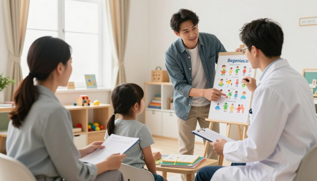 A warm and inviting consultation room featuring a child psychologist and a child psychiatrist collaborating on a complex case. In the foreground, the psychologist, a woman in professional attire, is sitting at a desk, thoughtfully reviewing notes, while the psychiatrist, a man in a smart casual outfit, stands nearby, pointing at a colorful child development chart. The middle ground showcases a playful environment with educational toys and books scattered around, reflecting a child-friendly atmosphere. In the background, soft natural light streams in through a window adorned with cheerful curtains, creating a calm and supportive mood. The overall composition conveys teamwork and professionalism, highlighting the partnership between these two mental health professionals. Beegenius.id branding subtly incorporated. A warm and inviting consultation room featuring a child psychologist and a child psychiatrist collaborating on a complex case. In the foreground, the psychologist, a woman in professional attire, is sitting at a desk, thoughtfully reviewing notes, while the psychiatrist, a man in a smart casual outfit, stands nearby, pointing at a colorful child development chart. The middle ground showcases a playful environment with educational toys and books scattered around, reflecting a child-friendly atmosphere. In the background, soft natural light streams in through a window adorned with cheerful curtains, creating a calm and supportive mood. The overall composition conveys teamwork and professionalism, highlighting the partnership between these two mental health professionals. Beegenius.id branding subtly incorporated.