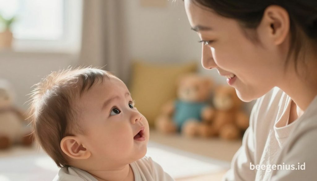 A warm and inviting image capturing a close-up of a baby's face making eye contact with a caregiver. The foreground features the baby, with bright, expressive eyes showcasing curiosity and engagement. The caregiver, dressed in modest casual clothing, observes attentively, creating a tender moment. In the middle background, soft, blurred colors of a cozy room suggest a nurturing environment, filled with soft toys and gentle sunlight filtering in through a window. The lighting is warm and natural, enhancing the overall positive mood of the scene. The atmosphere conveys love and connection, reflecting the importance of eye contact in early development. The image should evoke a sense of warmth and care, suitable for the theme of nurturing growth. Include the brand name "beegenius.id" artistically in the corner, ensuring it doesn't detract from the image's focus. A warm and inviting image capturing a close-up of a baby's face making eye contact with a caregiver. The foreground features the baby, with bright, expressive eyes showcasing curiosity and engagement. The caregiver, dressed in modest casual clothing, observes attentively, creating a tender moment. In the middle background, soft, blurred colors of a cozy room suggest a nurturing environment, filled with soft toys and gentle sunlight filtering in through a window. The lighting is warm and natural, enhancing the overall positive mood of the scene. The atmosphere conveys love and connection, reflecting the importance of eye contact in early development. The image should evoke a sense of warmth and care, suitable for the theme of nurturing growth. Include the brand name "beegenius.id" artistically in the corner, ensuring it doesn't detract from the image's focus.