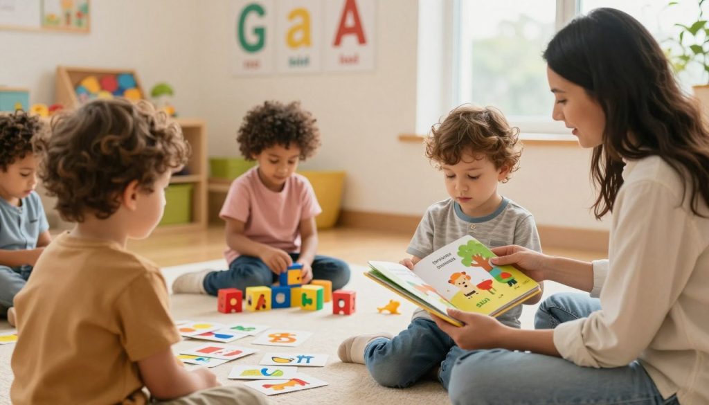 A warm and inviting room designed for child development, featuring a diverse group of children aged 2-4 engaged in playful language stimulation activities. In the foreground, a child is proudly showing a colorful picture book to an attentive caregiver, who is dressed in casual yet professional attire. In the middle ground, another child plays with alphabet blocks and toys that promote language skills, such as animal figures and communication cards. The background has cheerful wall decorations with images of letters and words, bathed in soft, natural light coming through a window, enhancing a cozy atmosphere. The overall mood is joyful and nurturing, promoting the theme of language development. The depiction should feel warm and vibrant, reminiscent of the brand beegenius.id. A warm and inviting room designed for child development, featuring a diverse group of children aged 2-4 engaged in playful language stimulation activities. In the foreground, a child is proudly showing a colorful picture book to an attentive caregiver, who is dressed in casual yet professional attire. In the middle ground, another child plays with alphabet blocks and toys that promote language skills, such as animal figures and communication cards. The background has cheerful wall decorations with images of letters and words, bathed in soft, natural light coming through a window, enhancing a cozy atmosphere. The overall mood is joyful and nurturing, promoting the theme of language development. The depiction should feel warm and vibrant, reminiscent of the brand beegenius.id.