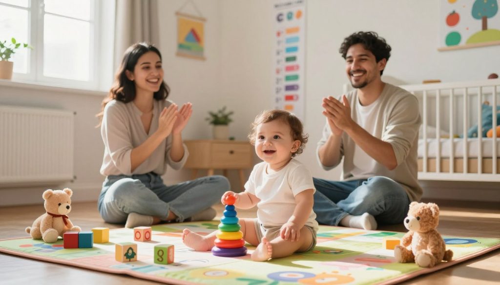 A warm and inviting scene showcasing the developmental milestones of a 1-year-old child, set against a softly lit nursery backdrop. In the foreground, a cheerful baby sits on a colorful play mat, surrounded by toys that encourage exploration—blocks, soft animals, and a small stacking ring. The middle ground features attentive parents, dressed in modest casual clothing, engaged with their child, clapping and smiling, fostering a sense of joy and encouragement. In the background, gentle sunlight streams through a window, casting soothing shadows and highlighting the various colorful decorations on the walls, like growth charts and playful art. The overall atmosphere conveys warmth, happiness, and the importance of monitoring developmental milestones, aligned with the essence of "beegenius.id". A warm and inviting scene showcasing the developmental milestones of a 1-year-old child, set against a softly lit nursery backdrop. In the foreground, a cheerful baby sits on a colorful play mat, surrounded by toys that encourage exploration—blocks, soft animals, and a small stacking ring. The middle ground features attentive parents, dressed in modest casual clothing, engaged with their child, clapping and smiling, fostering a sense of joy and encouragement. In the background, gentle sunlight streams through a window, casting soothing shadows and highlighting the various colorful decorations on the walls, like growth charts and playful art. The overall atmosphere conveys warmth, happiness, and the importance of monitoring developmental milestones, aligned with the essence of "beegenius.id".