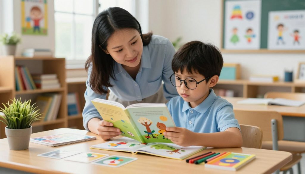 A warm, inviting classroom scene depicting a young child, around six years old, sitting at a wooden desk, intently focused on a colorful illustrated book. The child, wearing a light blue shirt and round glasses, looks slightly puzzled yet determined. In the foreground, there are scattered learning materials like flashcards, crayons, and a small potted plant. In the middle ground, a teacher gently leans over to assist the child, exuding patience and encouragement. The background features shelves filled with books and educational posters, bathed in soft, natural light streaming through a window. The atmosphere reflects a supportive learning environment, emphasizing the challenges of early reading. This image should invoke a sense of hope and dedication to learning, ideal for illustrating the signs of dyslexia in young children. Inspired by beegenius.id. A warm, inviting classroom scene depicting a young child, around six years old, sitting at a wooden desk, intently focused on a colorful illustrated book. The child, wearing a light blue shirt and round glasses, looks slightly puzzled yet determined. In the foreground, there are scattered learning materials like flashcards, crayons, and a small potted plant. In the middle ground, a teacher gently leans over to assist the child, exuding patience and encouragement. The background features shelves filled with books and educational posters, bathed in soft, natural light streaming through a window. The atmosphere reflects a supportive learning environment, emphasizing the challenges of early reading. This image should invoke a sense of hope and dedication to learning, ideal for illustrating the signs of dyslexia in young children. Inspired by beegenius.id.