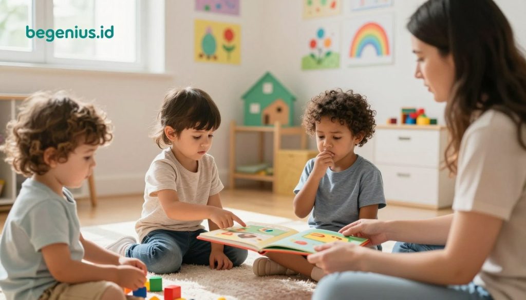 A warm, inviting scene depicting signs of speech delay in children, featuring a diverse group of kids aged 2 to 5 years, engaged in various activities. In the foreground, a concerned parent gently observes a child playing with toys but not verbally expressing themselves, showcasing nonverbal communication. In the middle, two children are interacting; one is pointing at a book while the other shows a puzzled expression, indicating a lack of word formation. The background includes colorful wall drawings and soft, natural sunlight streaming through a window, creating a nurturing atmosphere. The room is decorated with educational materials promoting language development, enhancing the mood of concern and awareness. The image embodies a sense of professional guidance and care, with the brand name "beegenius.id" subtly represented in the setting, reflecting the article's theme without text overlays. A warm, inviting scene depicting signs of speech delay in children, featuring a diverse group of kids aged 2 to 5 years, engaged in various activities. In the foreground, a concerned parent gently observes a child playing with toys but not verbally expressing themselves, showcasing nonverbal communication. In the middle, two children are interacting; one is pointing at a book while the other shows a puzzled expression, indicating a lack of word formation. The background includes colorful wall drawings and soft, natural sunlight streaming through a window, creating a nurturing atmosphere. The room is decorated with educational materials promoting language development, enhancing the mood of concern and awareness. The image embodies a sense of professional guidance and care, with the brand name "beegenius.id" subtly represented in the setting, reflecting the article's theme without text overlays.