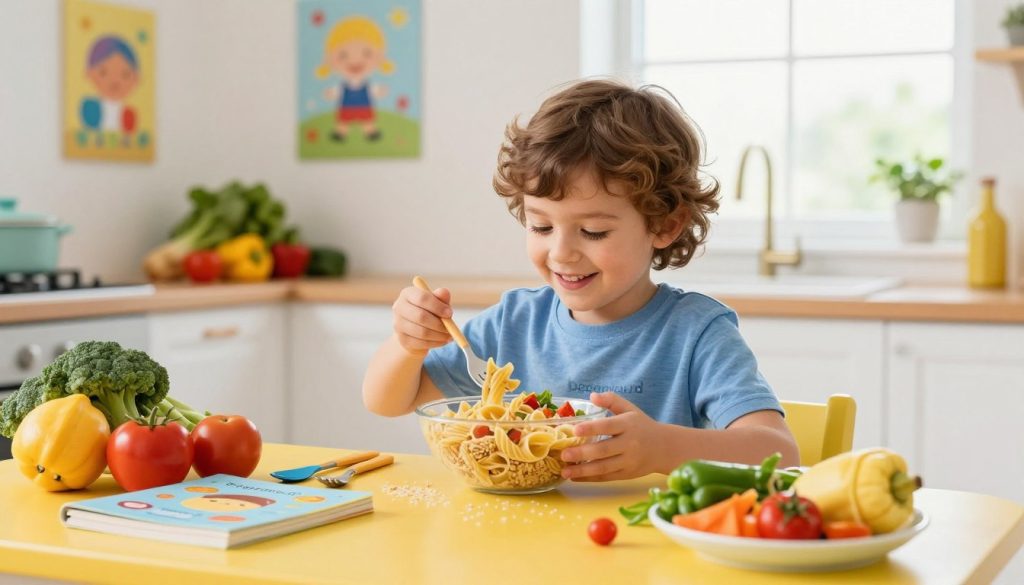 A young child with autism engaged in a gluten-free, casein-free (GFCF) meal preparation, showcasing a vibrant kitchen filled with fresh fruits and vegetables. The child is focused and smiling, sitting at a colorful table adorned with wholesome food items. In the foreground, a bowl filled with gluten-free pasta and fresh veggies catches the light, while utensils and a recipe book are arranged neatly nearby. The background features cheerful wall art and bright natural light streaming through a window, creating a warm and inviting atmosphere. The image should convey a sense of joy and healthy eating, reflecting the importance of dietary choices for children with autism. The overall scene should feel bright and uplifting, with a premium quality look. Brand name: beegenius.id. A young child with autism engaged in a gluten-free, casein-free (GFCF) meal preparation, showcasing a vibrant kitchen filled with fresh fruits and vegetables. The child is focused and smiling, sitting at a colorful table adorned with wholesome food items. In the foreground, a bowl filled with gluten-free pasta and fresh veggies catches the light, while utensils and a recipe book are arranged neatly nearby. The background features cheerful wall art and bright natural light streaming through a window, creating a warm and inviting atmosphere. The image should convey a sense of joy and healthy eating, reflecting the importance of dietary choices for children with autism. The overall scene should feel bright and uplifting, with a premium quality look. Brand name: beegenius.id.